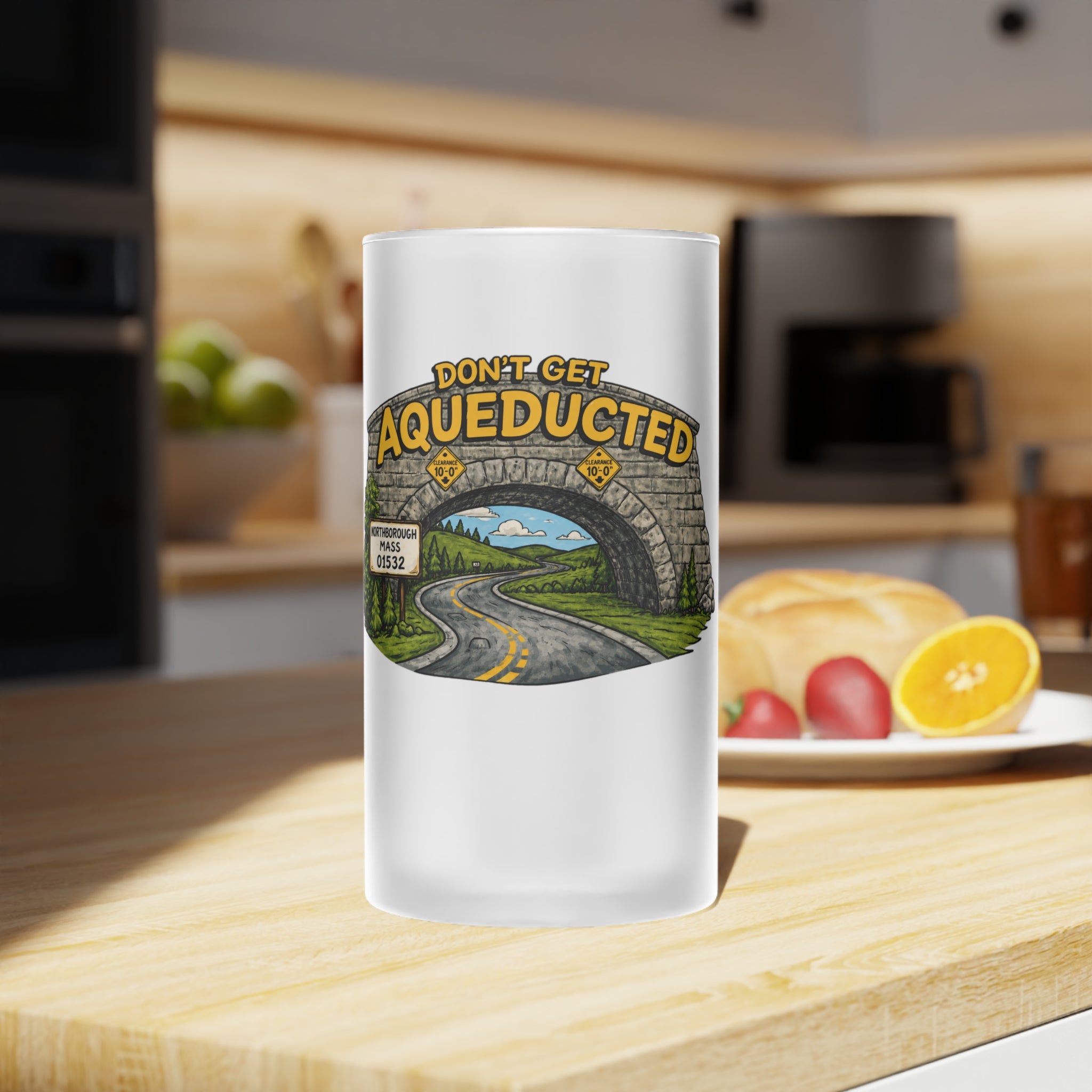 Frosted Beer Mug — "Don't Get Aqueducted" Bridge Scenic Glass Stein Northborough, MA 01532
